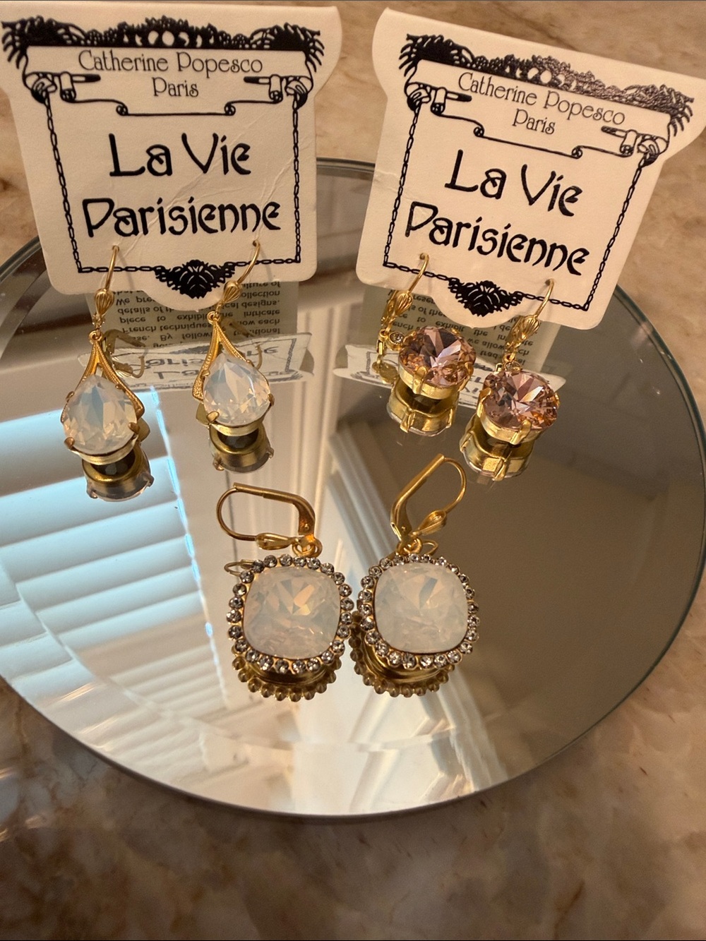 Catherine Popesco Gold-Tone Earring Trio with White and Light Pink Crystals